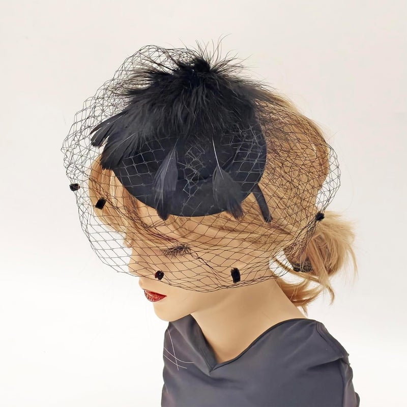 HIWIND Store Fascinators Hat Women Tea Party Pillbox Veil Cocktail Mesh Hat B-Black - Image 4